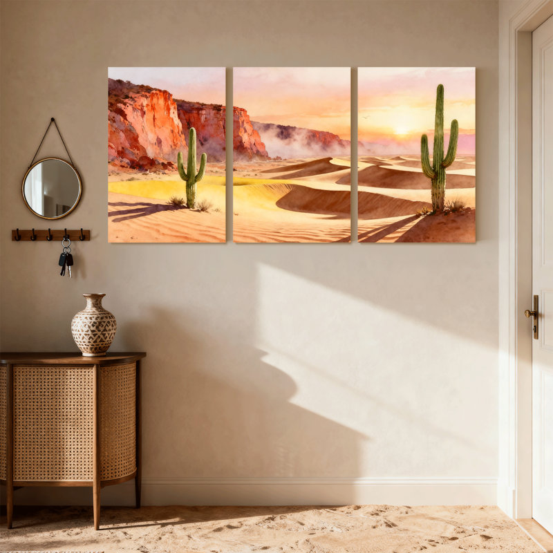 «Landscape & Nature Desert Landscape with Cactus and Sunset», ensemble de 3 impressions sur toile, H 18 po x l 36 po