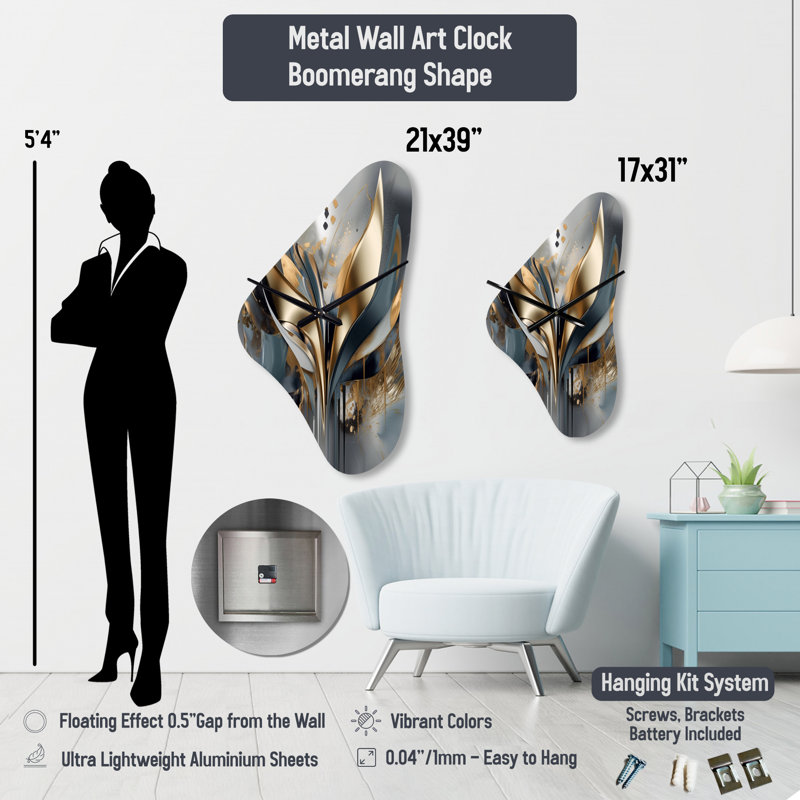 Gold Feather Extravaganza V - Boomerang Shape Large Glam Feather 3D Wall Clock, Medium