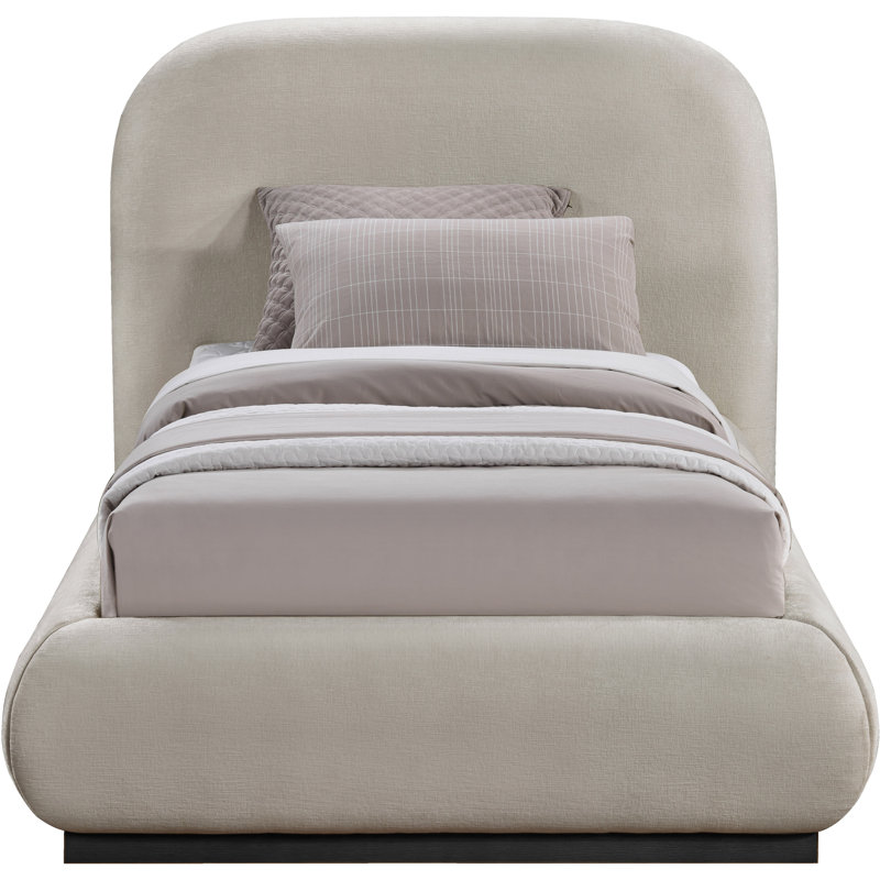 Humayrah Upholstered Panel Bed, Twin, Beige Chenille Fabric / Stained Black