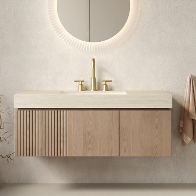 Meuble-lavabo mural flottant 48 po (4 finitions) - Armoire pré-assemblée en contreplaqué avec comptoir en pierre frittée Roma et lavabo encastré en céramique