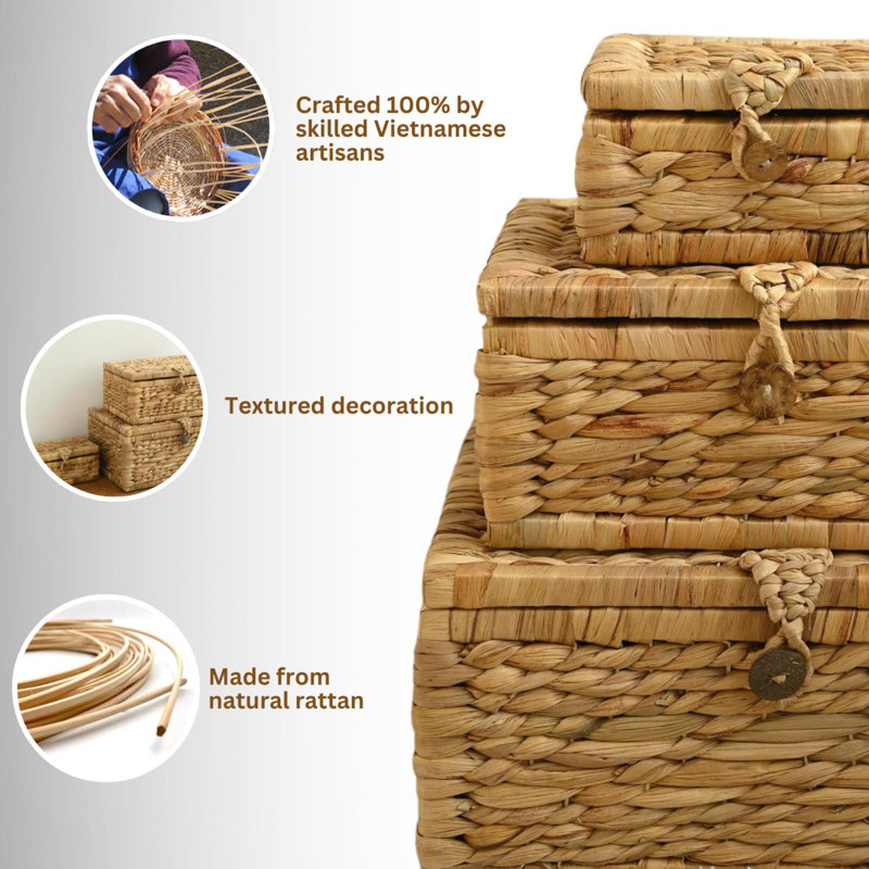 Set Of  Handwoven Storage Boxes With Lid Wicker Rectangular Basket For Seagrass Decorative Boxes For Home Décor Stacking Baskets With Lids For