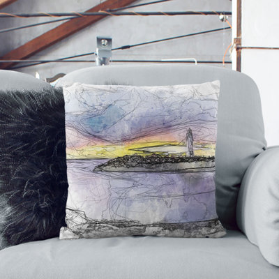 Remote Lighthouse & Seascape Sketch Cushion with Filling