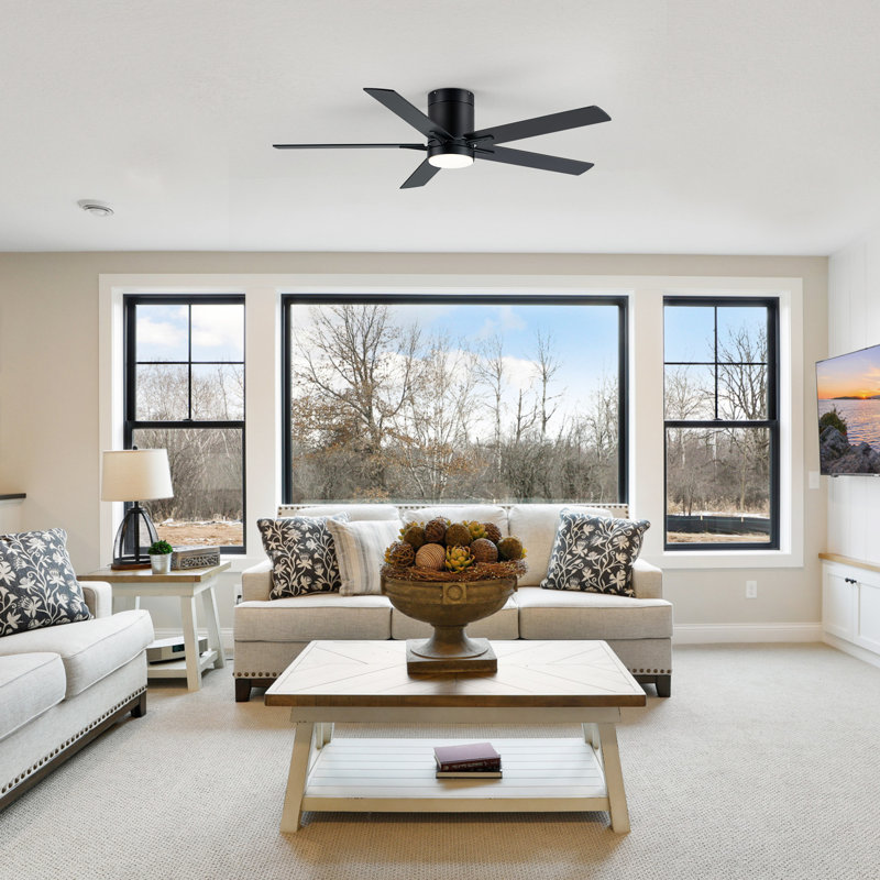 Jayceyon 52'' Large Flush Mount Ceiling Fan With Led Lights and Remote, Quiet Reversible DC Motor, 5 wood Blades Low Profile, Timer, for Indoor/Covered Outdoor Use