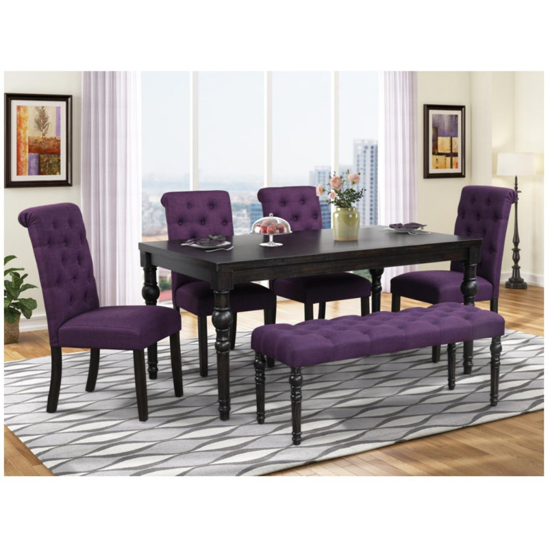 Ensemble de salle à manger Brookwood Wood, 6 (1 table + 4 chaises + 1 banc), Mauve