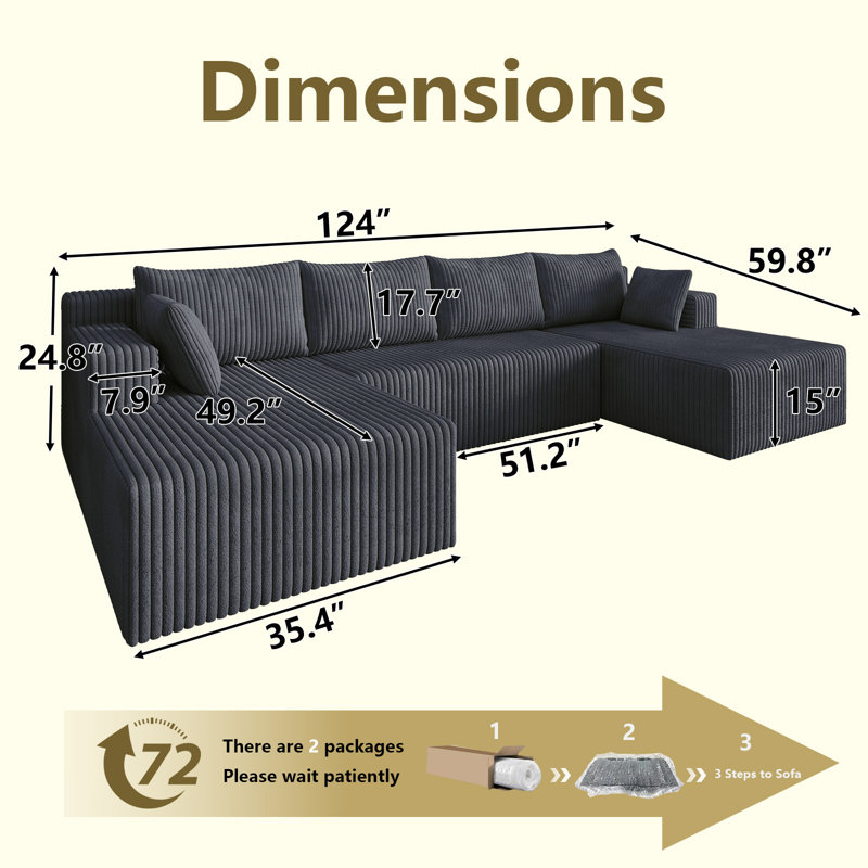 124" U-Shape Cloud Couch, Modern Modular Sectional U-Shape Sofa, Corduroy Upholstered Couches Deep Seat Sleeper Chaise Longue for Living Room, No Assembly Required