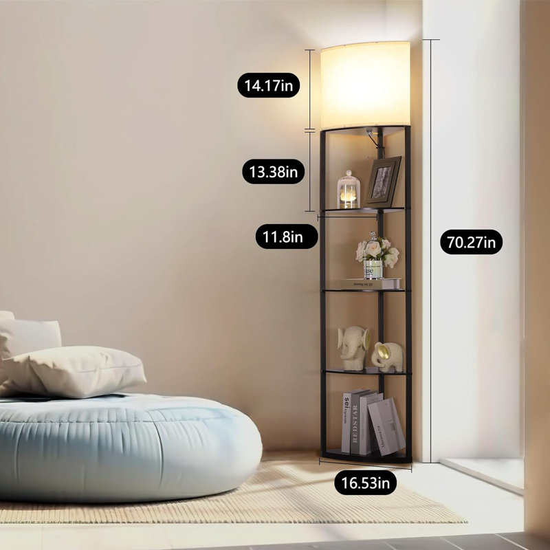 Floor Lamp With Shelves Sector Corner Shelf Lamp With 3 Colour Temperature Bulb With Linen Lampshade Bookshelf Corner Display Lamp(Black)