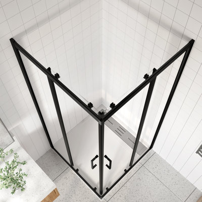 Cabine de douche carrée à cadre carré, P 36 po x l 36 po x H 72 po, porte de douche coulissante double avec verre trempé transparent de 1/4 po (6 mm), finition noir mat