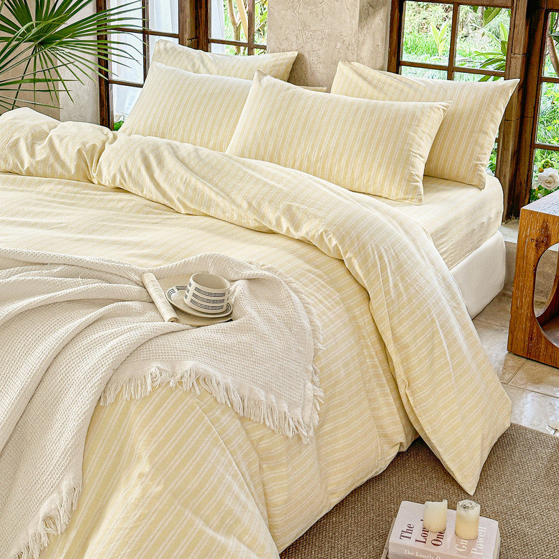 Ensemble de housse de couette rayé 100% coton délavé DONEUS, Housse de couette double + 2 taies d'oreiller stan