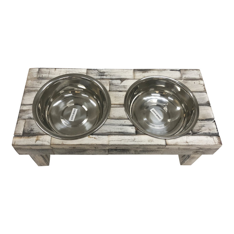 Large White Wash Reclaimed Wood Elevated Double Bowl Feeder