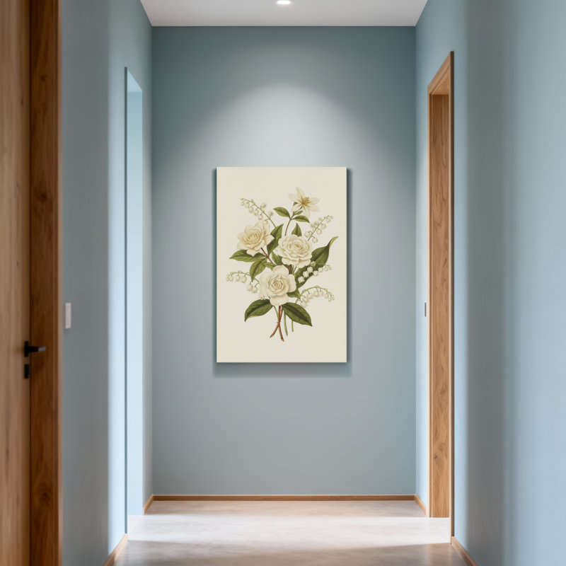 Plantes et fleurs roses blanches et muguet, H 20 po x l 30 po