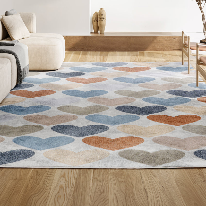 Dila Modern Hearts Geometric Machine-Washable Ivory/Blue/Orange Rug, Rectangle 7'10" x 10'2"