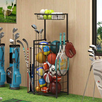 Organisateur pour équipement de sport, petit support de rangement pour balles de garage avec sangles élastiques et 3 crochets, support de rangement pour l'organisation de ballons et équipements sportifs
