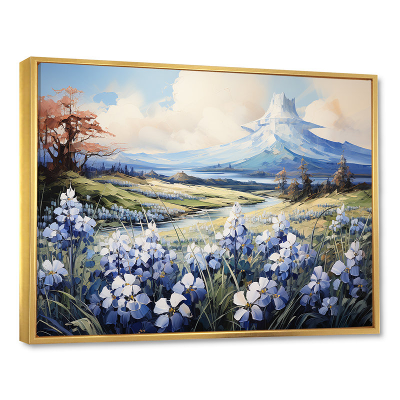 Décoration bleue Bonnets bleu dans un paysage de montagne - Bonnets bleus FL107181, H 12 po x l 20 po x P 1 po, Or