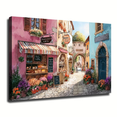 Pastel Vintage European Cobblestone Street French Style Yellow Buildings With Flower Balconies, Large Gallery Wrapped Canvas Wall Art Print for Living Room & Bedroom