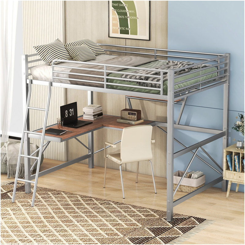 Lit mezzanine double en métal et panneau de fibres à densité moyenne avec bureau et tablette, argent