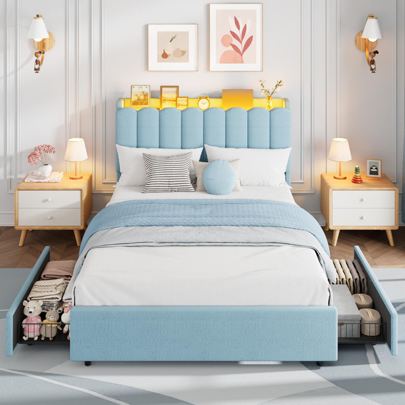 Structure de lit à DEL pleine grandeur avec 2 tiroirs de rangement pour enfants, lit plateforme tapissier avec tête de lit Boucle, tête de lit ondulée chic avec bibliothèque, aucun sommier nécessaire