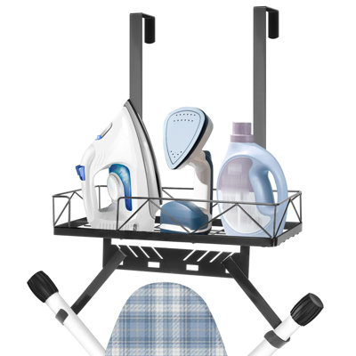 Ironing Board Hanger, Metal Over The Door or Wall Mounted Ironing Board Caddy, Ironing Board Storage Shelf with Adjustable Hooks(Matte Black)
