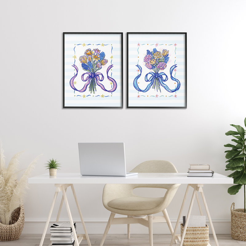 Ensemble de 2 giclées encadrées Ribboned Spring Flower Bundle, design par Connie Summers, H 20 po x l 16 po