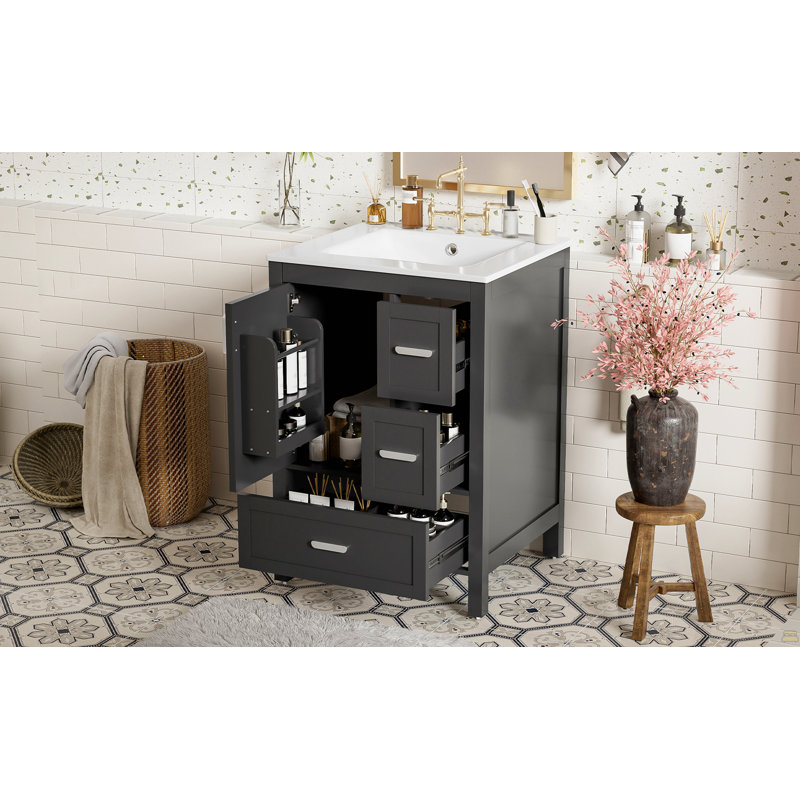 Meuble-lavabo moderne de 24 pouces avec lavabo en céramique, porte à fermeture douce, tablette de porte à double couche et 3 tiroirs