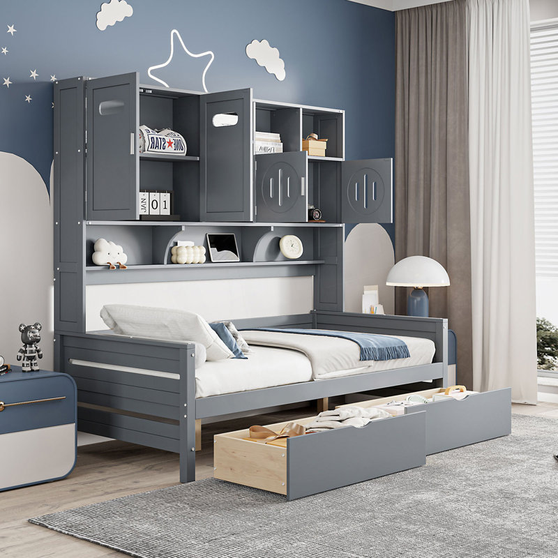 Lit de jour simple avec 2 tiroirs, armoire et tablette tout-en-un, lit de jour moderne, Gris