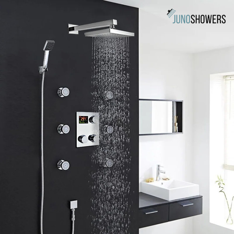 Juno Square Shower Head Jetted Body Massage Shower System with Digital Temperature Display, Chrome Finish