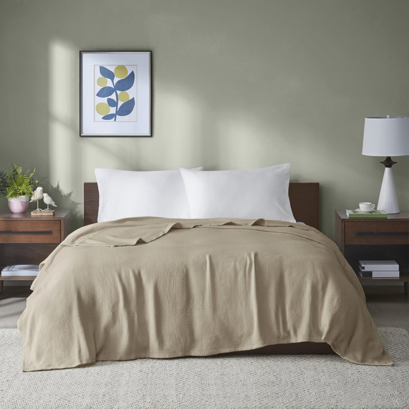 Freshspun Basketweave 100% Cotton Lightweight Cozy Blanket, Queen, Khaki
