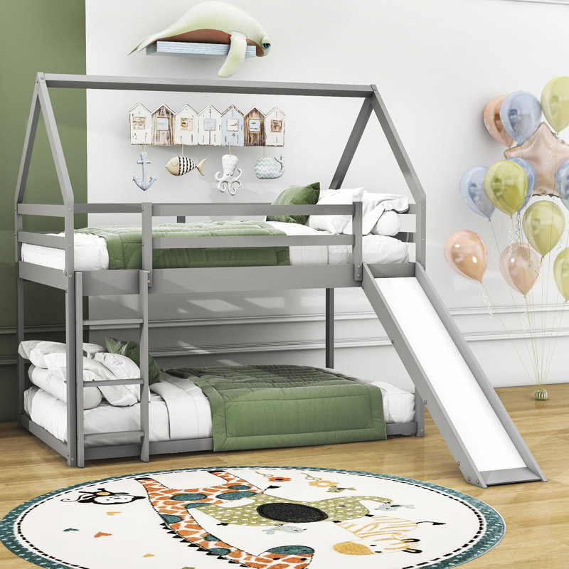 Romel Twin Over Twin Wood House Bunk Bed with Slide and Ladder, Gray