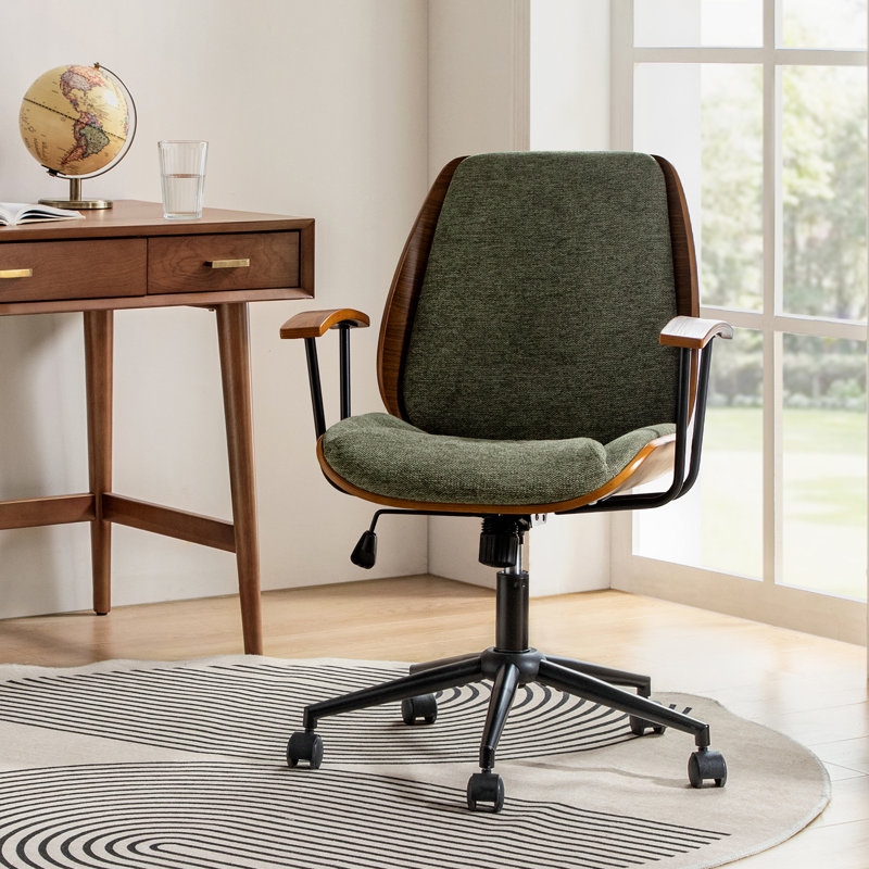 Oswina Modern Tilting Upholstered Solid Wood Office Chair with Bent  Wood Green