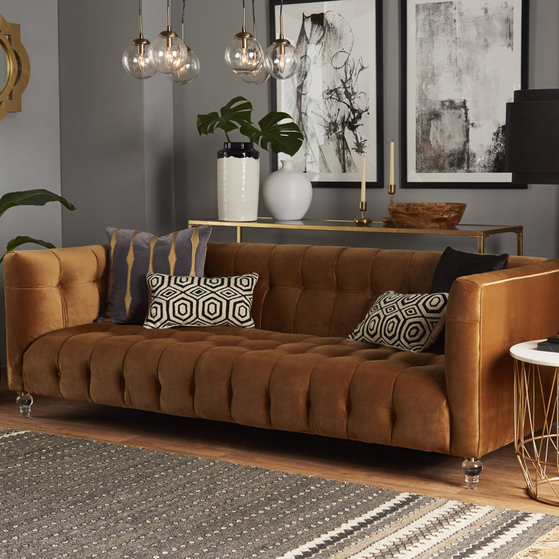  Bea Cognac Velvet Sofa, Brown Velvet