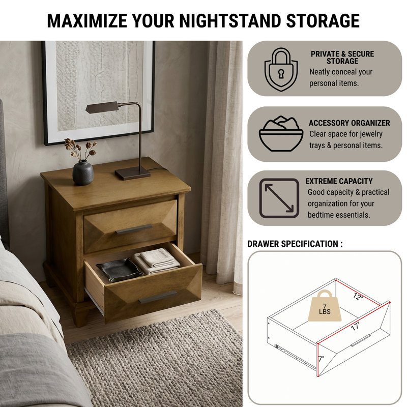Claypoole 23” H Solid Wood 2 Drawer Nightstand, Antique Oak