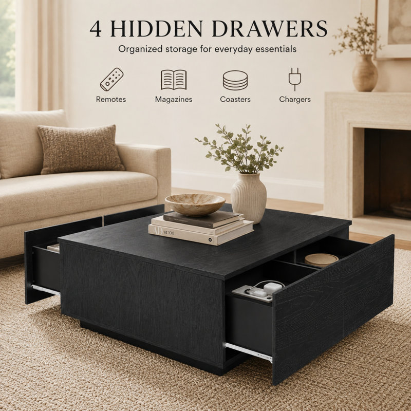 Table basse carrée 33,25 po avec 4 tiroirs Caston, Noir