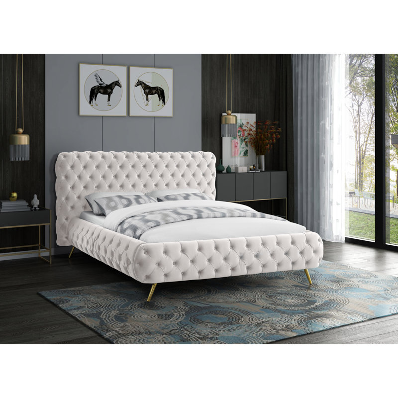 Lit-bateau tapissier Delano, Grand, Velours crème