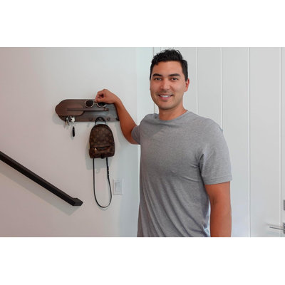 Porte-courrier et porte-clés en bois massif pour présentoir mural - Comprend porte-courrier, tablette avec crochets pour clés et chevilles pour chapeaux suspendus, manteaux, sacs, sacs à dos et plus - Design moderne élégant, brun noyer