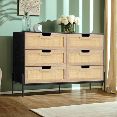 Natural Rattan Dresser, 47.2 Inch Large Wide 6 Drawer Dresser, Farmhouse Chest of Drawer with Sturdy Metal Legs, Black+Oak
