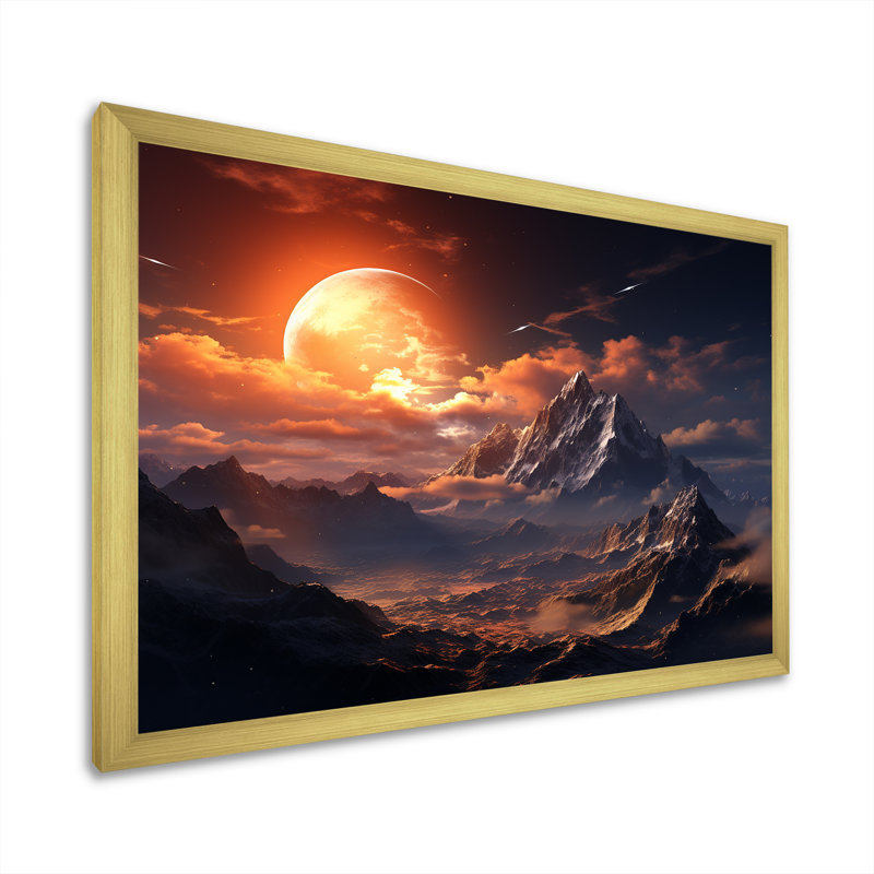 Paysage lunaire de montagne VI - Art mural paysages spatiaux, Cadre doré à coins fermés, H 16 po x l 32 po x P 1 po