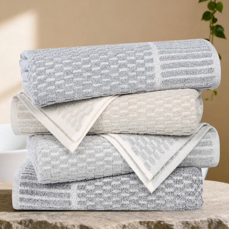 Blue Nile Mills Viscose Cotton Blend Towel Set - Checkered Texture - Quick-Dry, Fade-Resistant, Beige