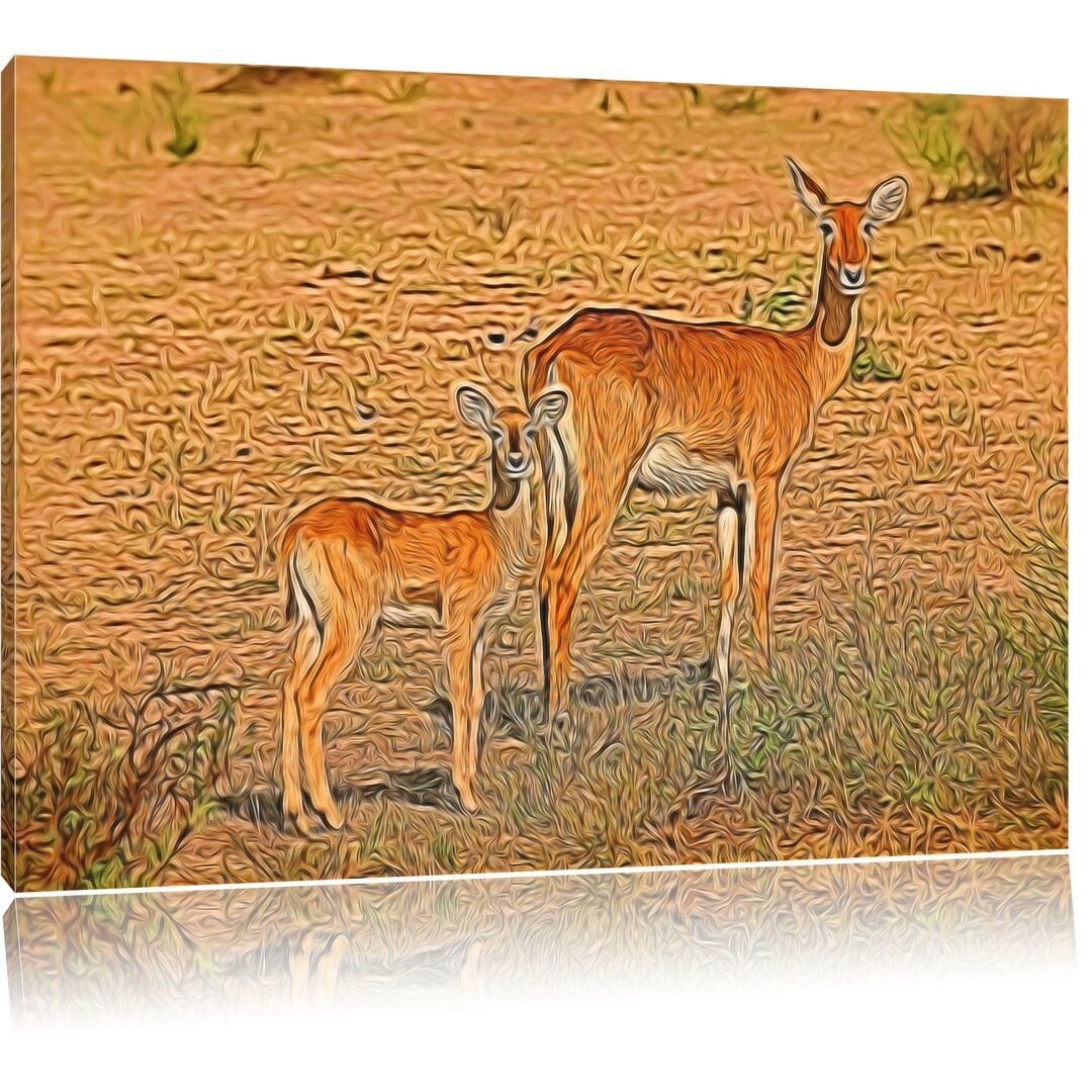 Leinwandbild Gazelle mit Jungtier in Hellbraun