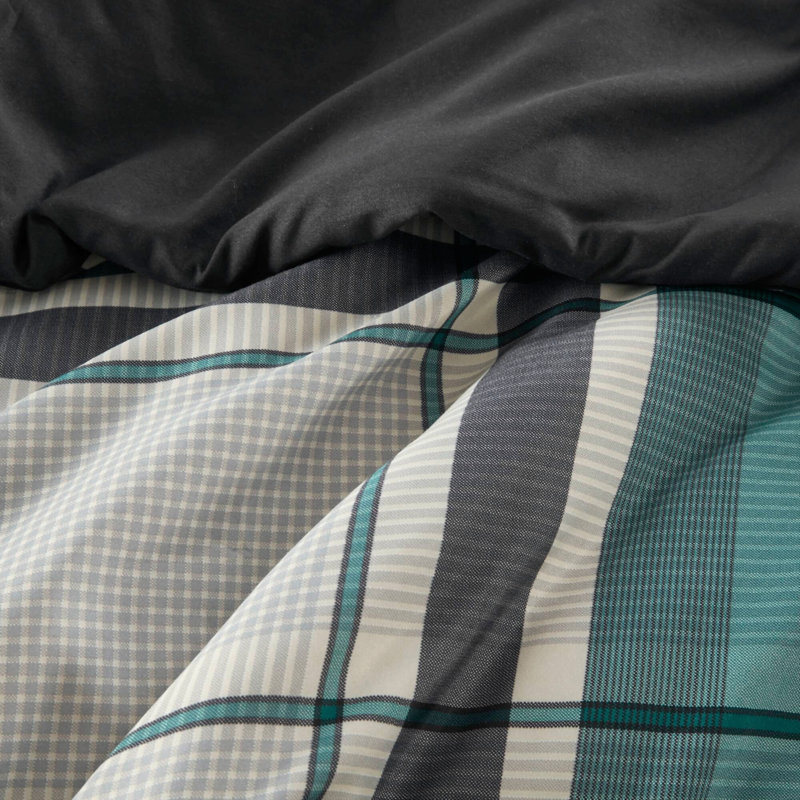Ensemble de couette à carreaux unis 9 pièces avec draps, bleu sarcelle/noir, lit complet
