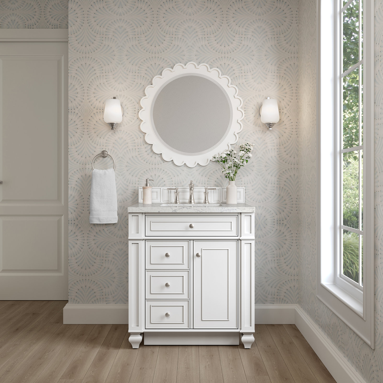 Calisto 30" Single Bathroom Vanity, Bright White, Eternal Jasmine Pearl, 8" Widespread