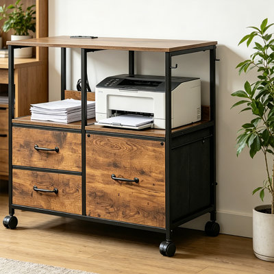 Classeur mobile avec station de charge et 3 tiroirs, support pour imprimante à roulettes avec tablette de rangement ouverte, pour format A4 / lettre