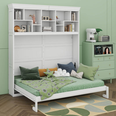 Grand lit escamotable mural avec tablettes supérieures et port USB