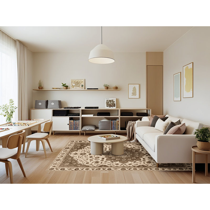 Tapis beige Tabriz lavable à la machine, Rectangle 7 pi x 9 pi