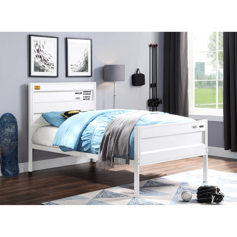 Lit double à finition blanche Cargo, structure en métal avec panneaux encastrés, conception de contenant, pieds droits, 21 lattes, aucun sommier requis, poids de 84 lb, lit de style profondeur de 56,7 po et verrou de longueur,