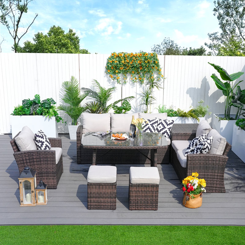 Messinger Wicker 7 - Person Patio Conversation Set with Cushions, Brown/Beige
