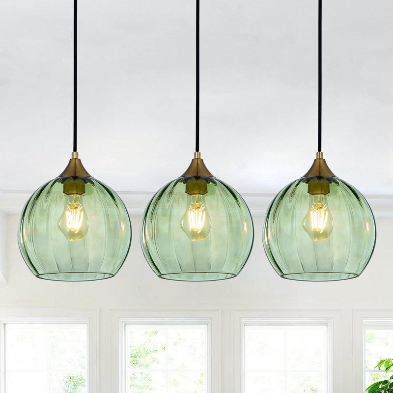 3-Light Single Glass Pendant Light Globe Adjustable Height for Kitchen Island Dining Room, Brushed Brass, 3 Pack, Green