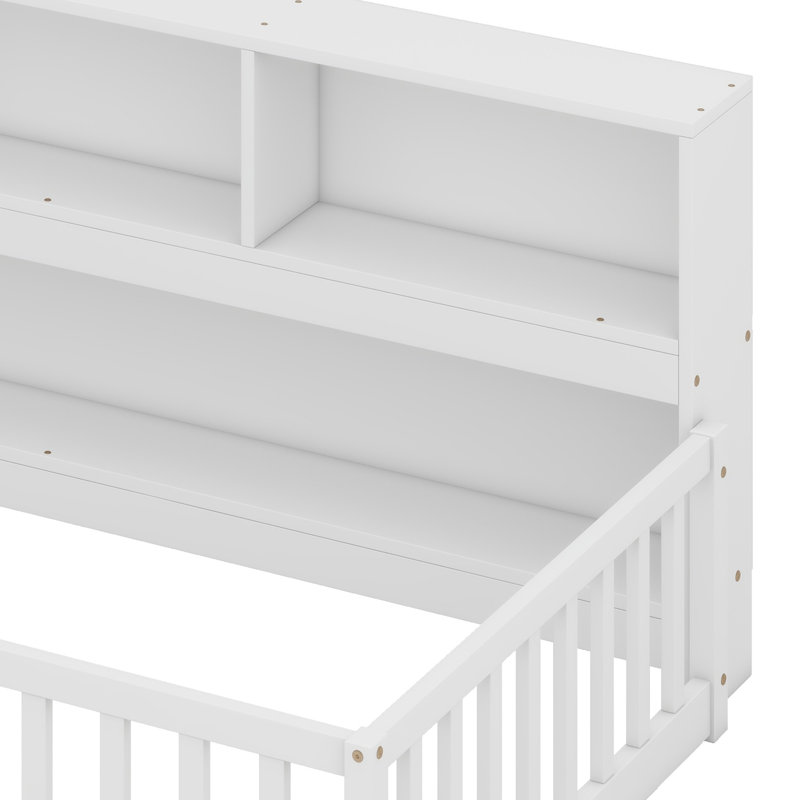Lit sur pied avec bibliothèque de chevet, tablettes, garde-corps, Blanc