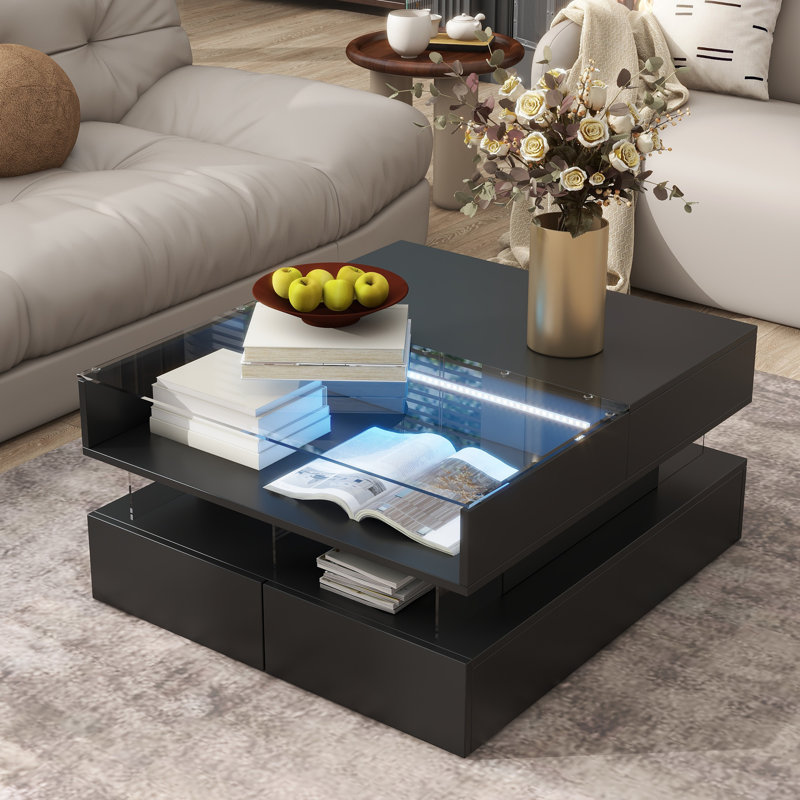 Table basse Lumina avec rangement et tiroirs, plateau en verre avec lumières DEL Lumina, Black