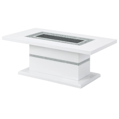 Table basse blanche. Style moderne avec détails scintillants. Fabrication robuste, lustré brillant et verre transparent. Bois d'hévéa, P 51,26 po x l 28,6 po H 20,18 po, plateau de table 114,29 lb et plateau brillant