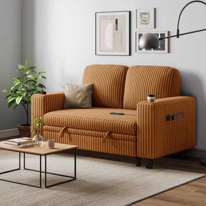  Sherry 56" Upholstered Pull-out Sofa Bed Loveseat with USB Charging & Cup Holders, Soren Brown Corduroy