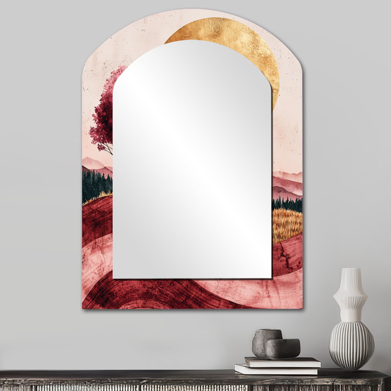 Omri Farm Charm Meadow With Lavender Ink Field Landscape IV - Farm Arch Large Mirror, Country Asymmetrical Unique Wall Mirror Decor, Printed Metal Art
